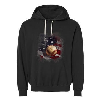 American Flag Baseball Vintage 4th Of July Usa Patriotic Garment-Dyed Fleece Hoodie