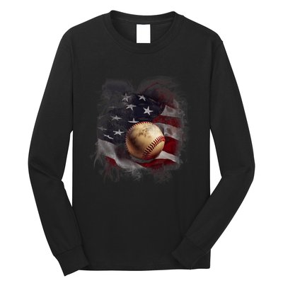 American Flag Baseball Vintage 4th Of July Usa Patriotic Long Sleeve Shirt