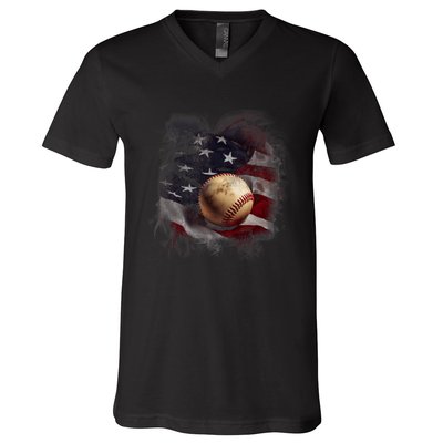 American Flag Baseball Vintage 4th Of July Usa Patriotic V-Neck T-Shirt