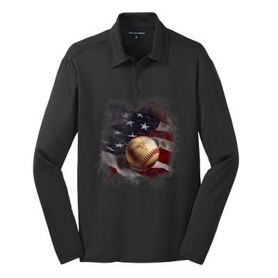 American Flag Baseball Vintage 4th Of July Usa Patriotic Silk Touch Performance Long Sleeve Polo