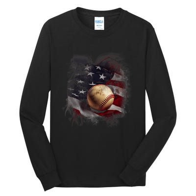 American Flag Baseball Vintage 4th Of July Usa Patriotic Tall Long Sleeve T-Shirt