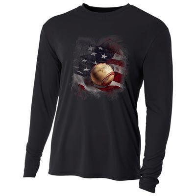 American Flag Baseball Vintage 4th Of July Usa Patriotic Cooling Performance Long Sleeve Crew