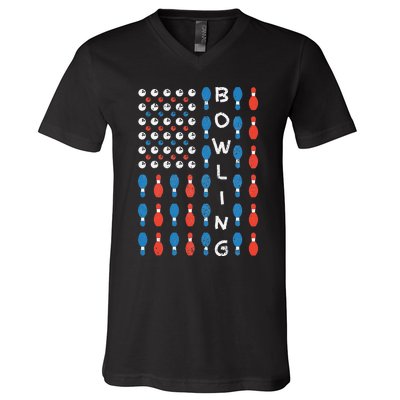 American Flag Bowling Bowler Gifts For Bowling Team V-Neck T-Shirt