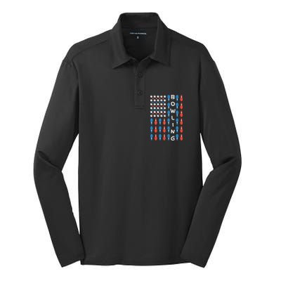 American Flag Bowling Bowler Gifts For Bowling Team Silk Touch Performance Long Sleeve Polo