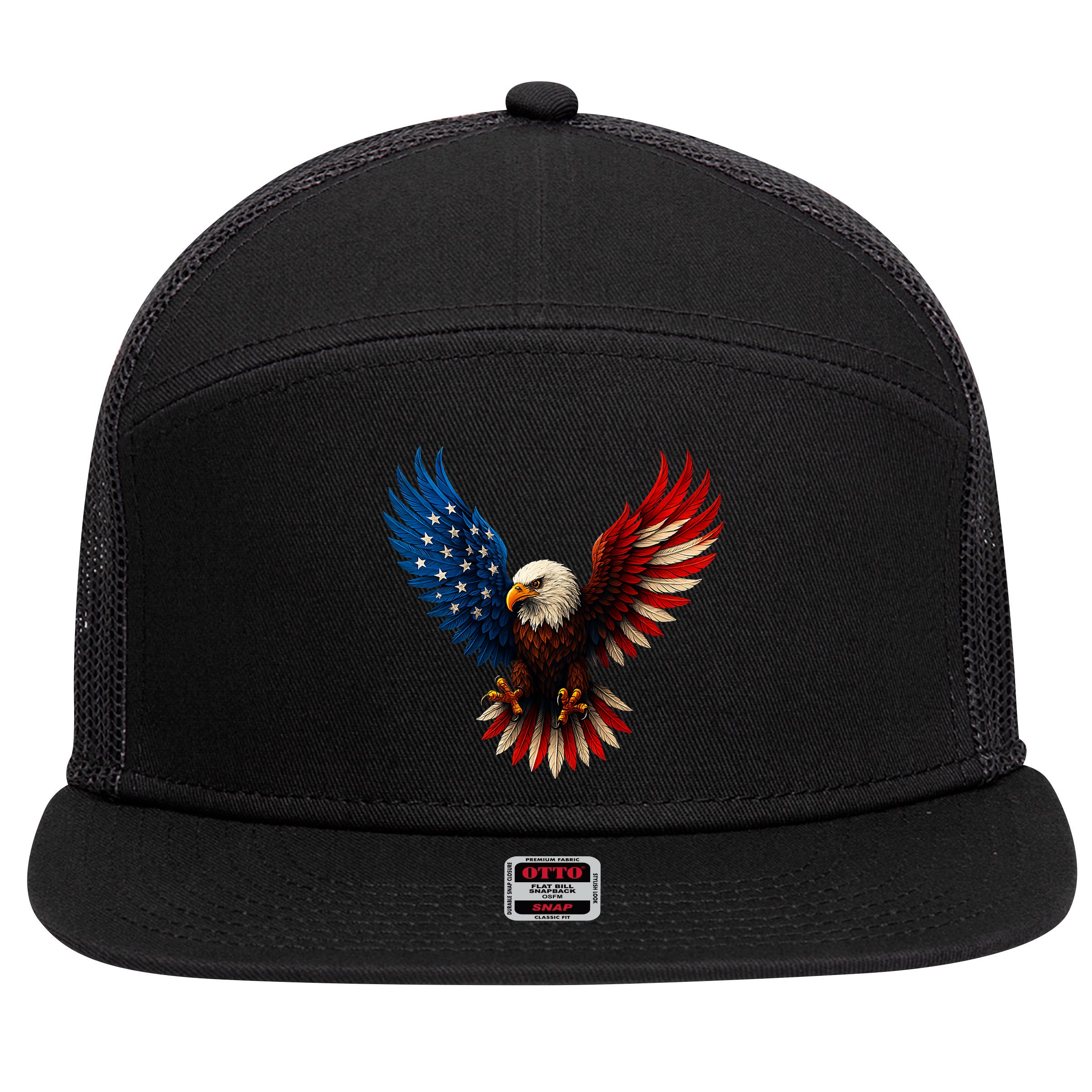 American Flag Bald Eagle Patriotic Eagle 4th Of July USA  7 Panel Mesh Trucker Snapback Hat
