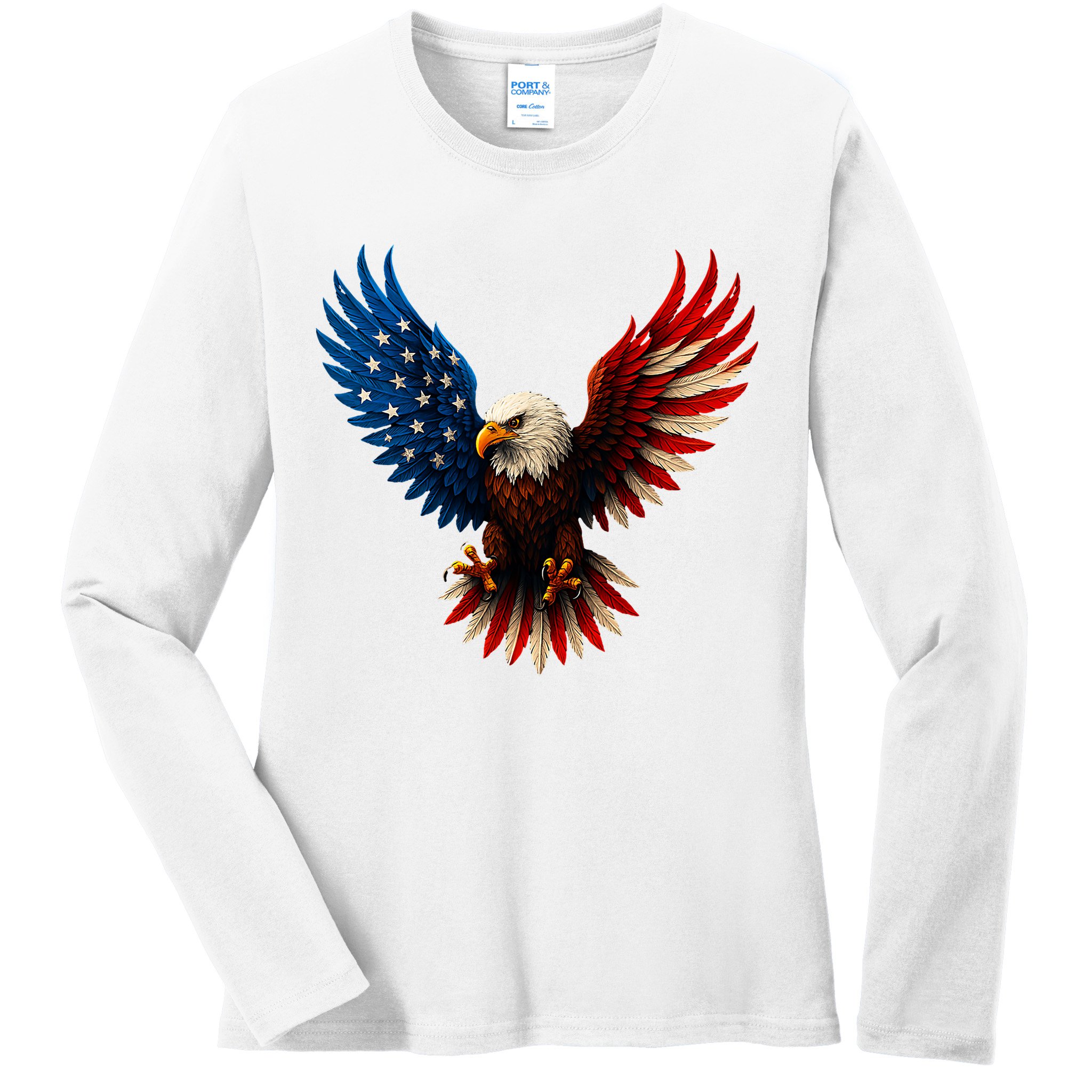 American Flag Bald Eagle Patriotic Eagle 4th Of July USA  Ladies Long Sleeve Shirt