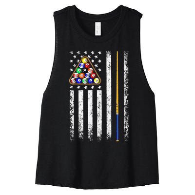 American Flag Billiard Vintage Pool Player Men Women Women's Racerback Cropped Tank