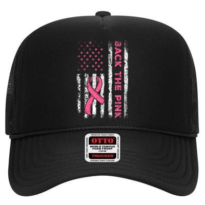 American Flag Back The Pink Breast Cancer Awareness Ribbon High Crown Mesh Back Trucker Hat