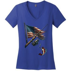 American Flag Bass Fishing Patriotic Gift Women's V-Neck T-Shirt