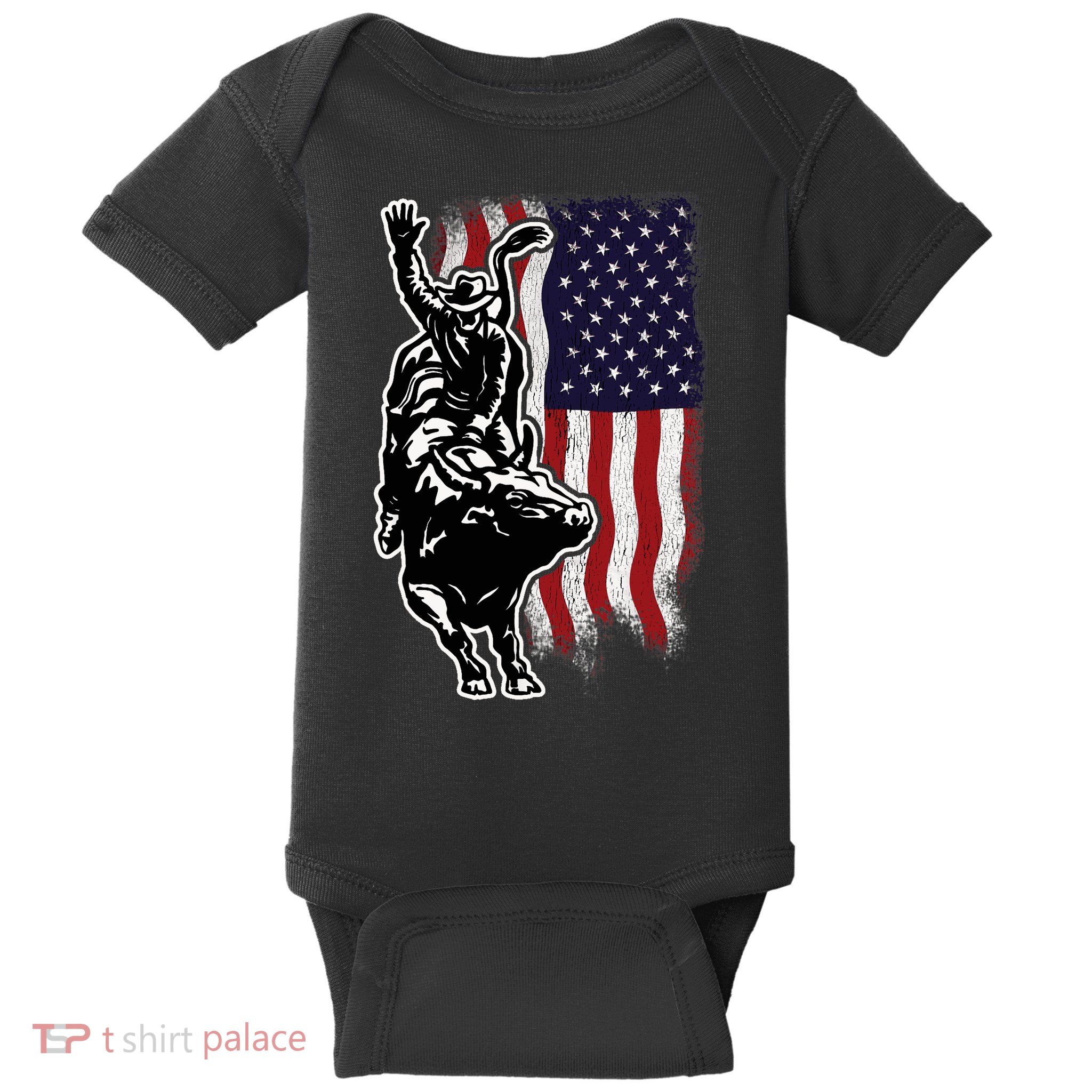 American Flag Bull Riding Cowboy 4th Of July Patriotic Rodeo Baby Bodysuit
