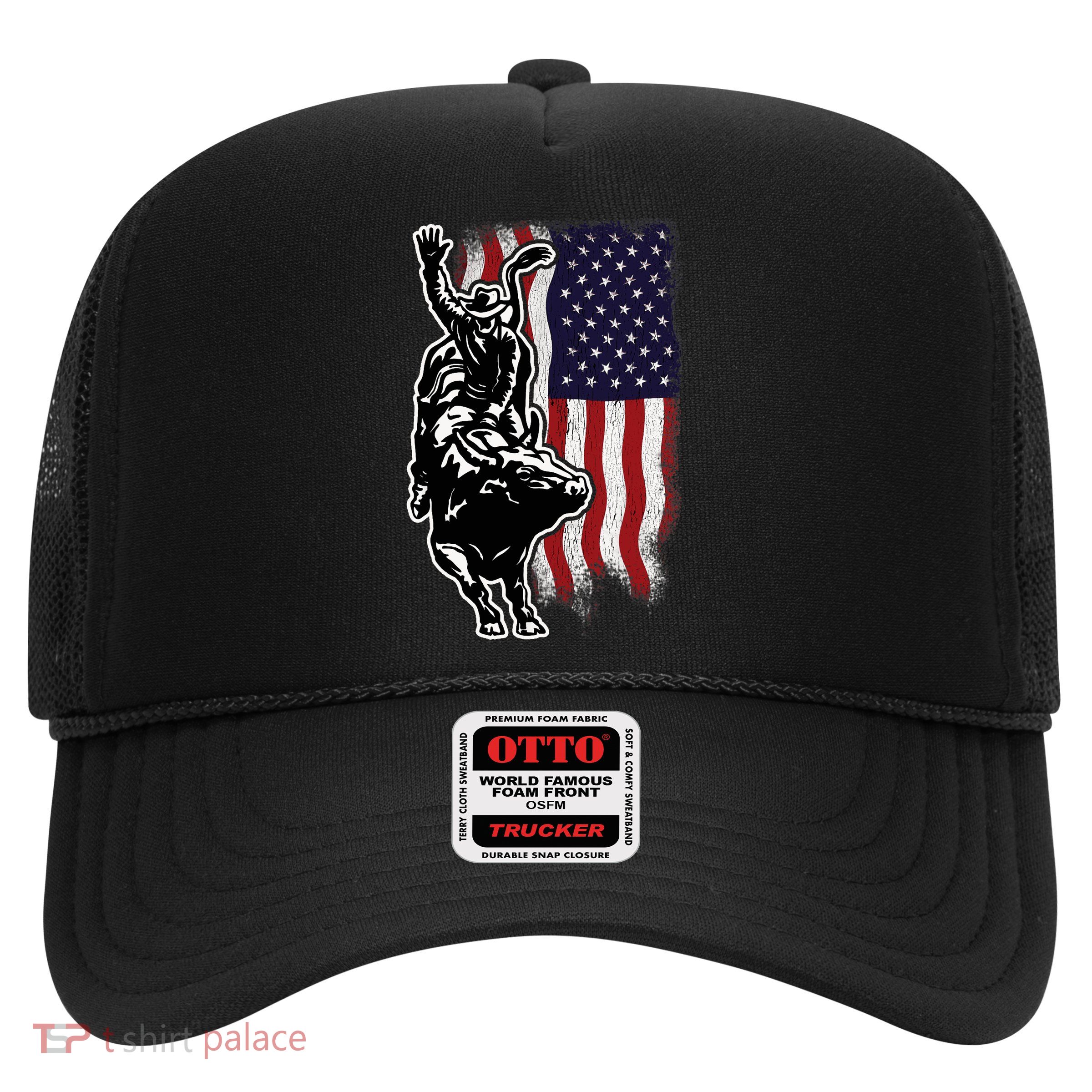American Flag Bull Riding Cowboy 4th Of July Patriotic Rodeo Trucker Hat