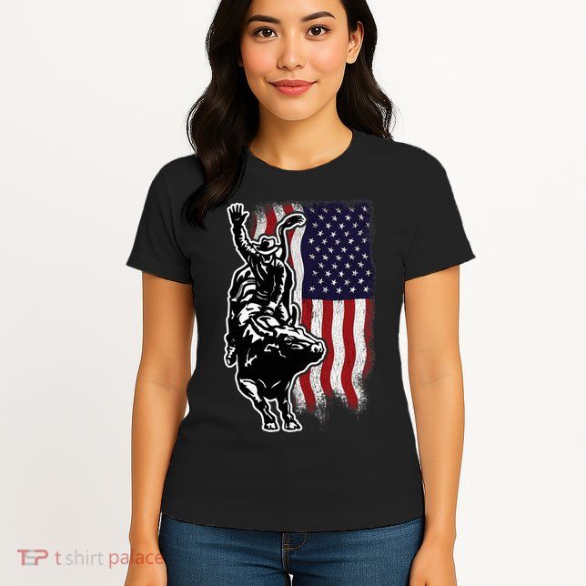 American Flag Bull Riding Cowboy 4th Of July Patriotic Rodeo Womens T-Shirt