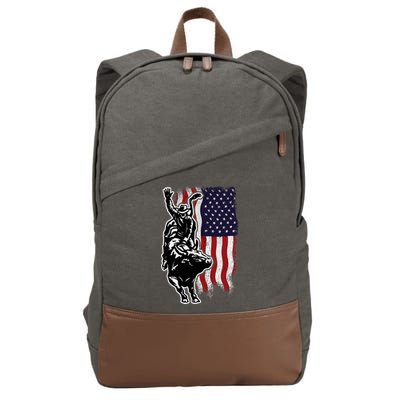 American Flag Bull Riding Cowboy 4th Of July Patriotic Rodeo Cotton Canvas Backpack