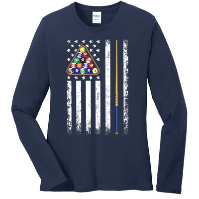 American Flag Billiard Vintage Pool Player Ladies Long Sleeve Shirt