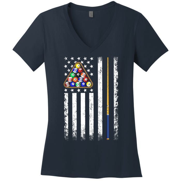 American Flag Billiard Vintage Pool Player Women's V-Neck T-Shirt