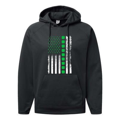 American Flag Clovers St Patricks Day Vintage Irish Shamrock Performance Fleece Hoodie