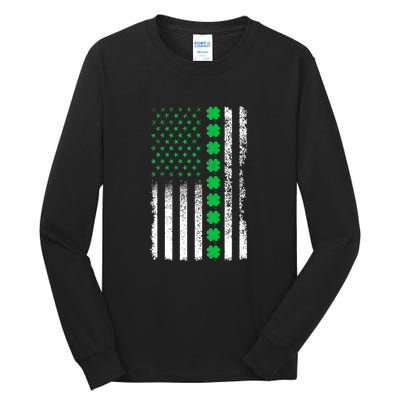 American Flag Clovers St Patricks Day Vintage Irish Shamrock Tall Long Sleeve T-Shirt