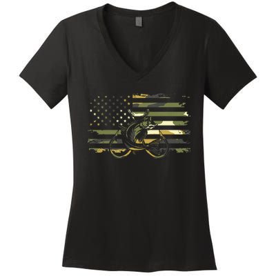 American Flag Camouflage Fishing Apparel Fishing Women's V-Neck T-Shirt