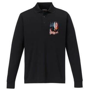 American Flag Cock Fighting Rooster Chicken Performance Long Sleeve Polo