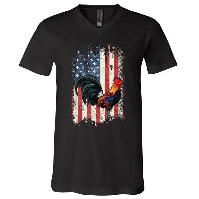 American Flag Cock Fighting Rooster Chicken V-Neck T-Shirt