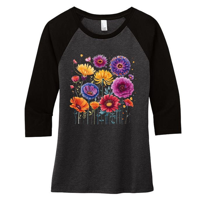 Aesthetic Flowers Collection Violet Flowers Vintage Floral Women's Tri-Blend 3/4-Sleeve Raglan Shirt