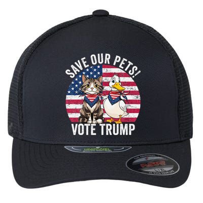 American Flag Cat & Duck Save Our Pets Vote For Trump 2024 Flexfit Unipanel Trucker Cap