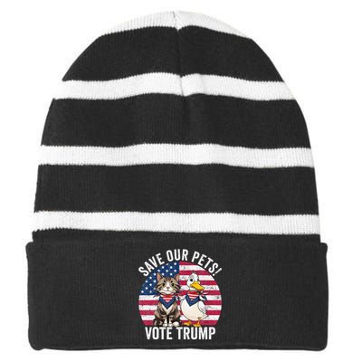 American Flag Cat & Duck Save Our Pets Vote For Trump 2024 Striped Beanie with Solid Band