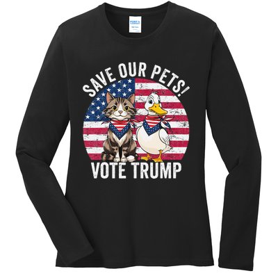 American Flag Cat & Duck Save Our Pets Vote For Trump 2024 Ladies Long Sleeve Shirt