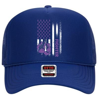 American Flag Cancer Fighter Cool Gift Pancreatic Cancer Warrior Gift High Crown Mesh Back Trucker Hat