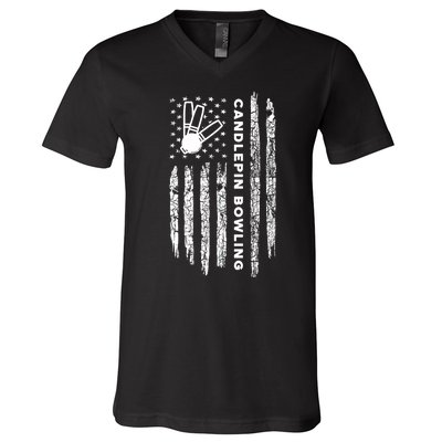 American Flag Candlepin Bowling Vintage Candlepin Bowling Gift V-Neck T-Shirt