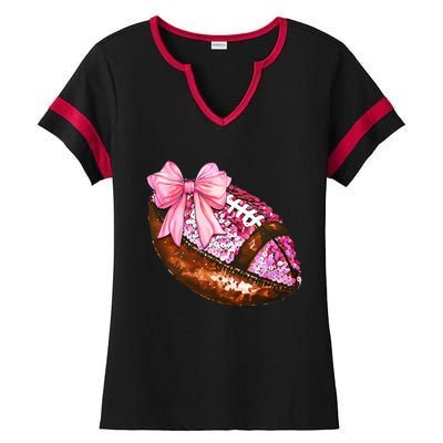 American Football Coquette Bow Autumn Thanksgiving Game Day Ladies Halftime Notch Neck Tee