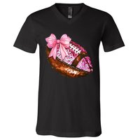 American Football Coquette Bow Autumn Thanksgiving Game Day V-Neck T-Shirt