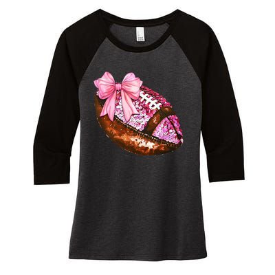 American Football Coquette Bow Autumn Thanksgiving Game Day Women's Tri-Blend 3/4-Sleeve Raglan Shirt