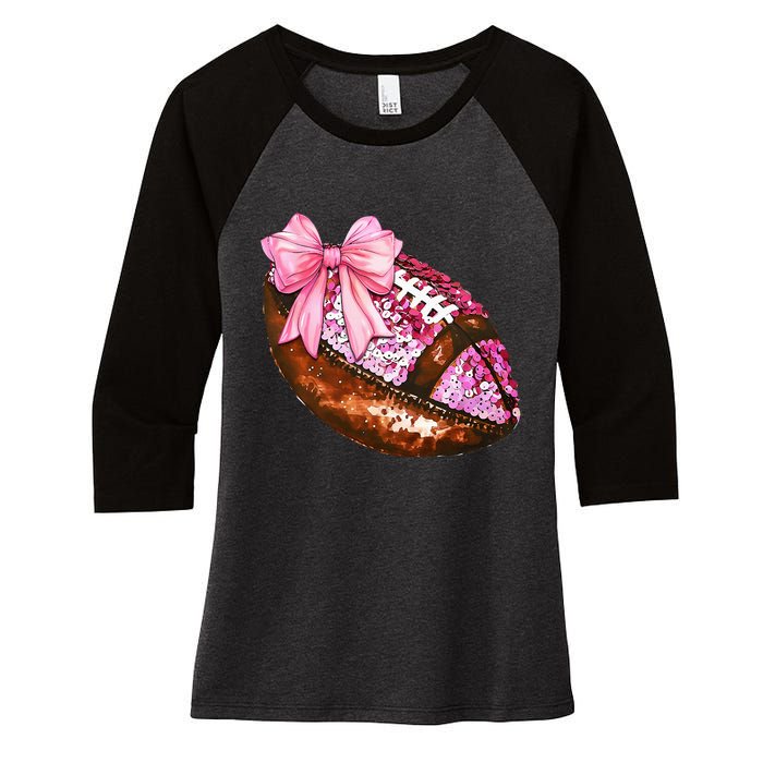 American Football Coquette Bow Autumn Thanksgiving Game Day Women's Tri-Blend 3/4-Sleeve Raglan Shirt