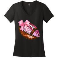 American Football Coquette Bow Autumn Thanksgiving Game Day Women's V-Neck T-Shirt