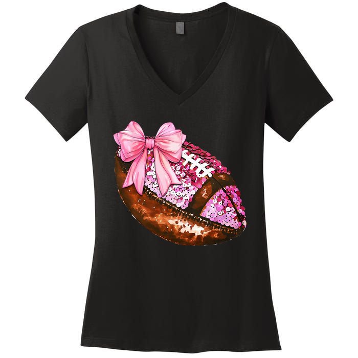 American Football Coquette Bow Autumn Thanksgiving Game Day Women's V-Neck T-Shirt