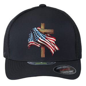 American Flag Christian Cross Jesus 4th Of July Patriotic Flexfit Unipanel Trucker Cap