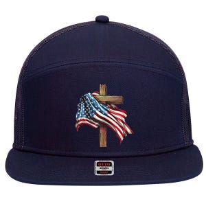 American Flag Christian Cross Jesus 4th Of July Patriotic 7 Panel Mesh Trucker Snapback Hat