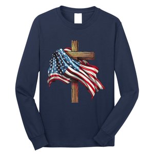 American Flag Christian Cross Jesus 4th Of July Patriotic Long Sleeve Shirt