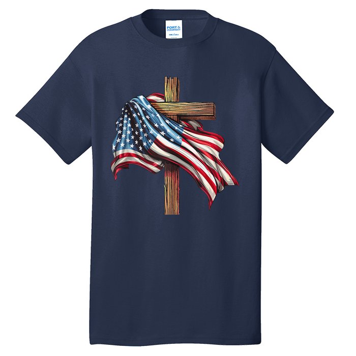 American Flag Christian Cross Jesus 4th Of July Patriotic Tall T-Shirt