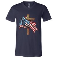 American Flag Christian Cross Jesus 4th Of July Patriotic V-Neck T-Shirt