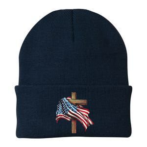 American Flag Christian Cross Jesus 4th Of July Patriotic Knit Cap Winter Beanie