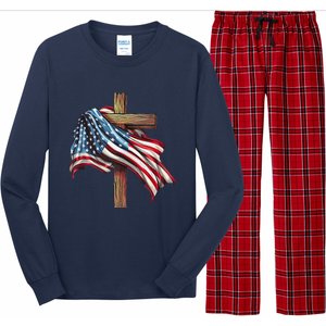 American Flag Christian Cross Jesus 4th Of July Patriotic Long Sleeve Pajama Set