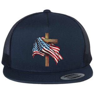 American Flag Christian Cross Jesus 4th Of July Patriotic Flat Bill Trucker Hat