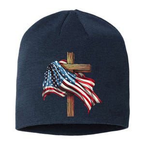 American Flag Christian Cross Jesus 4th Of July Patriotic Sustainable Beanie