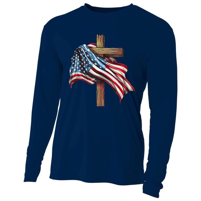 American Flag Christian Cross Jesus 4th Of July Patriotic Cooling Performance Long Sleeve Crew