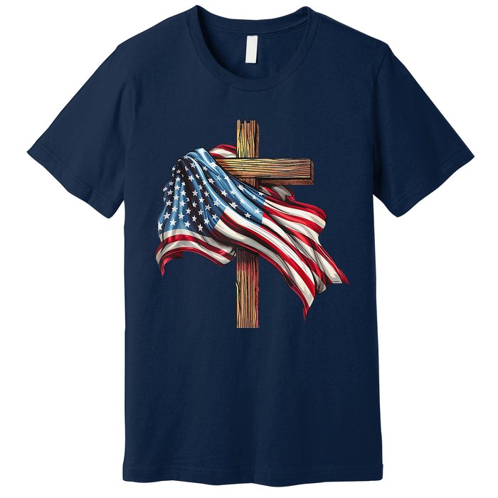 American Flag Christian Cross Jesus 4th Of July Patriotic Premium T-Shirt