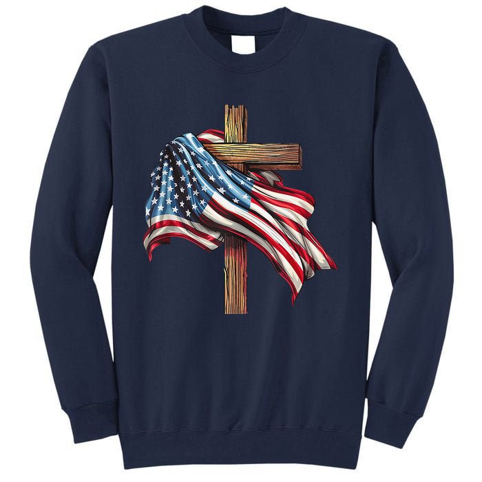 American Flag Christian Cross Jesus 4th Of July Patriotic Tall Sweatshirt