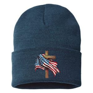 American Flag Christian Cross Jesus 4th Of July Patriotic Sustainable Knit Beanie