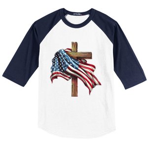 American Flag Christian Cross Jesus 4th Of July Patriotic Baseball Sleeve Shirt